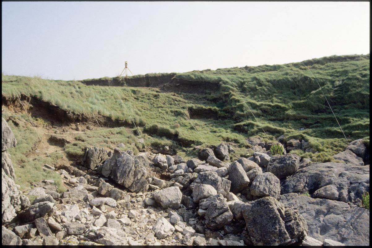 Burry Holms, Gower. 1998 The eroding edge of the island showing slumped deposits prior to excavation.