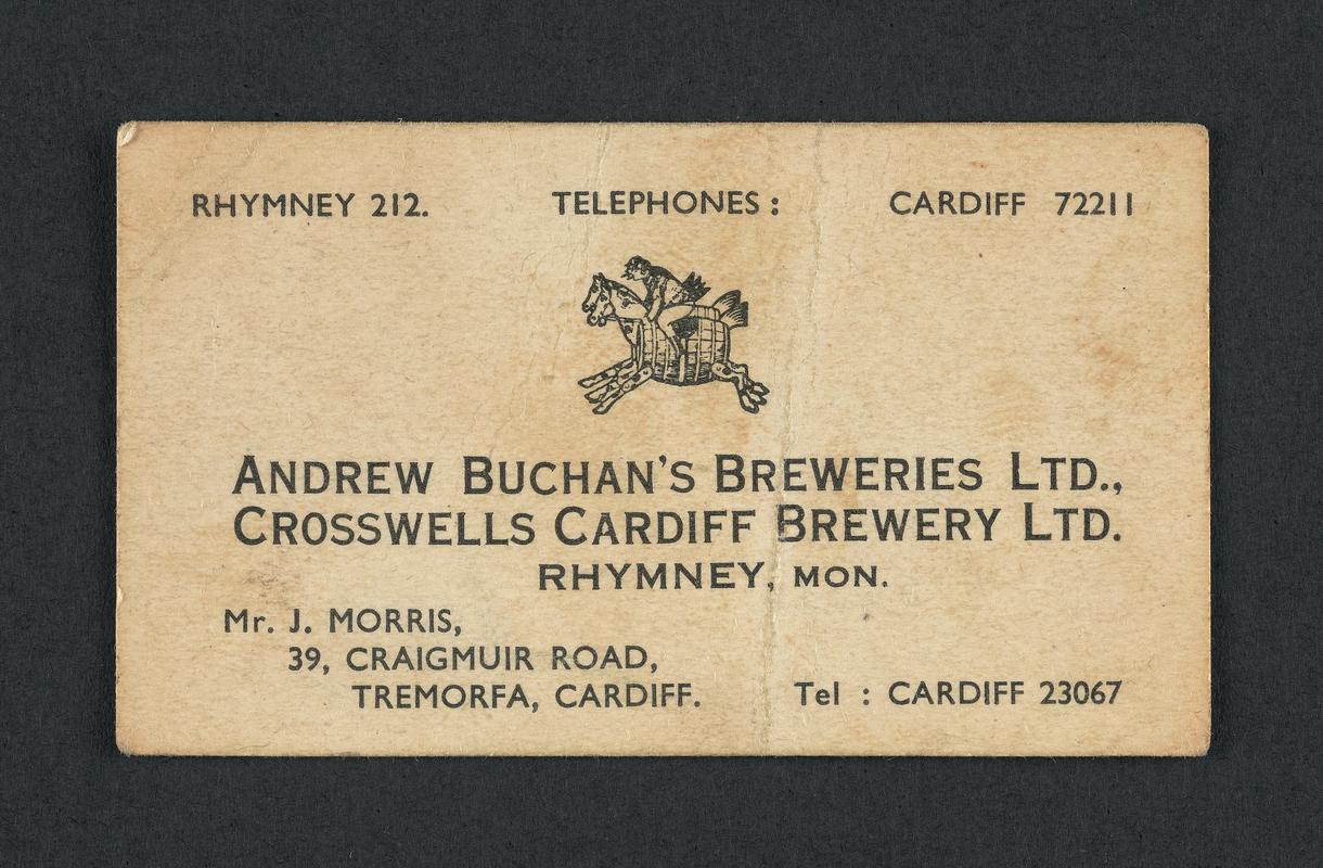 This business card was amongst newspaper clippings of wine recipes collected by Denis Maccarthy, which were stored in his copy of 'The publican, innkeeper's & brewer's guide'.