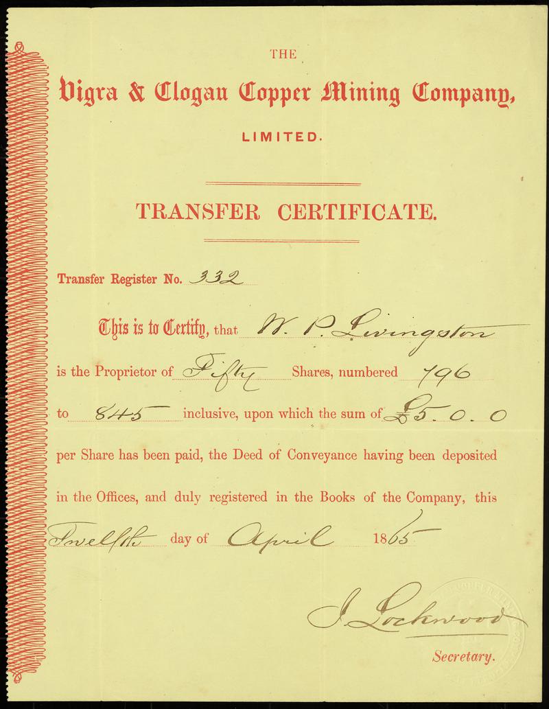 Vigra & Clogau Copper Mining Co. Ltd., trans certificate