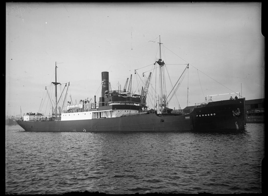 Three quarter Starboard bow view of S.S. FERNEBO, c.1933.
