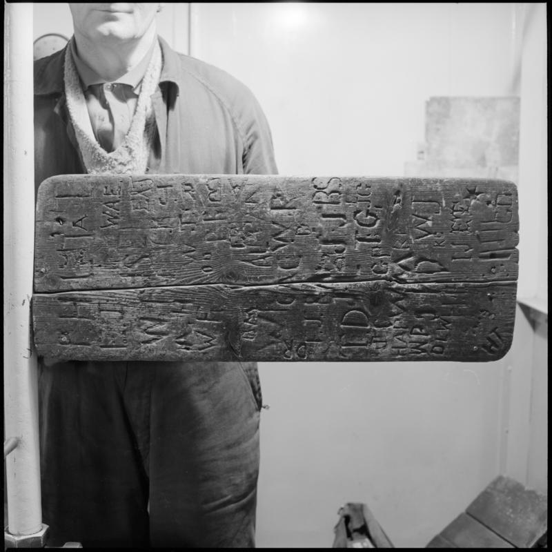 Black and white film negative showing a back rest, Big Pit Colliery.  'Back rest Big Pit' is transcribed from original negative bag.