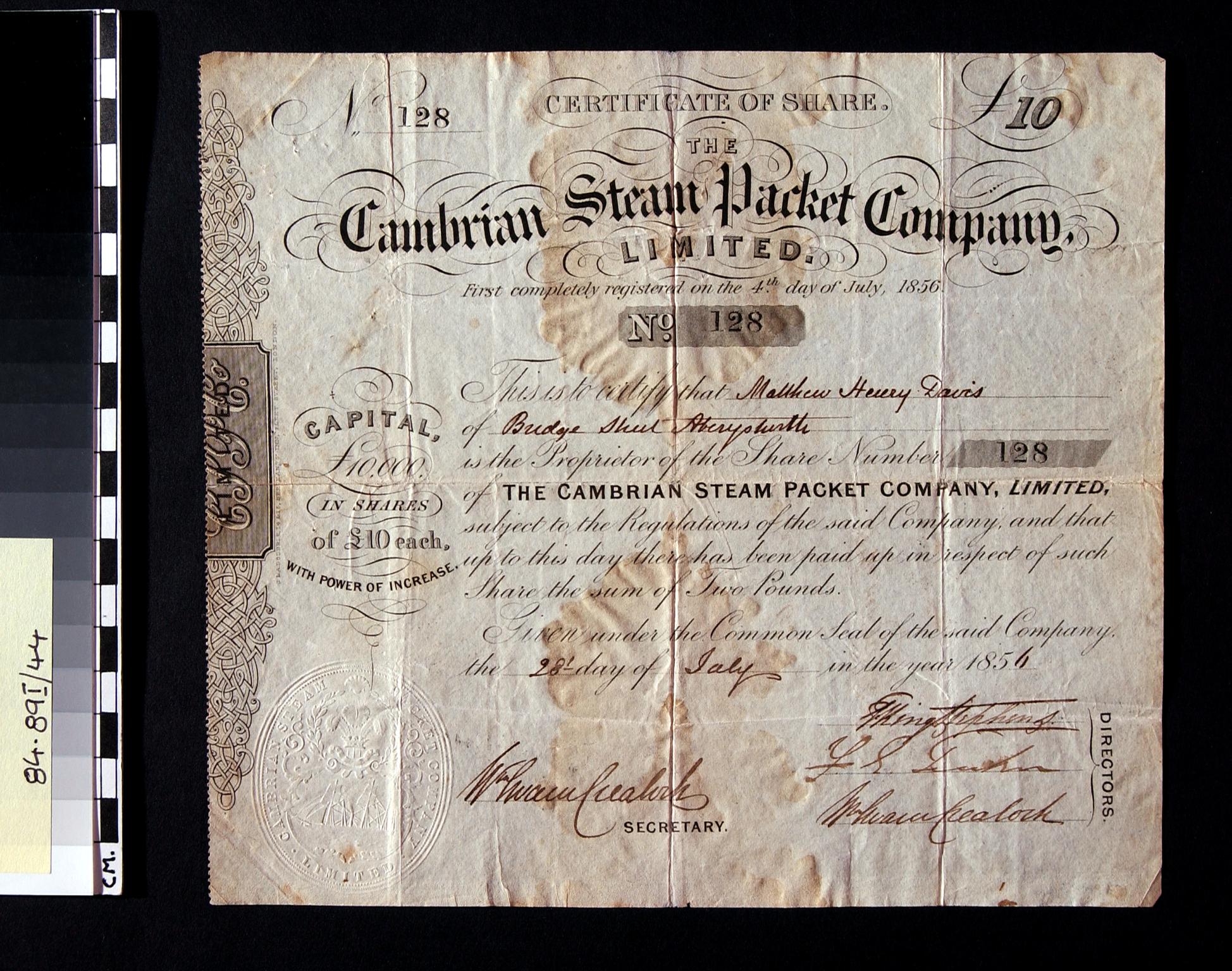 Cambrian Steam Packet Company Ltd., share cert.