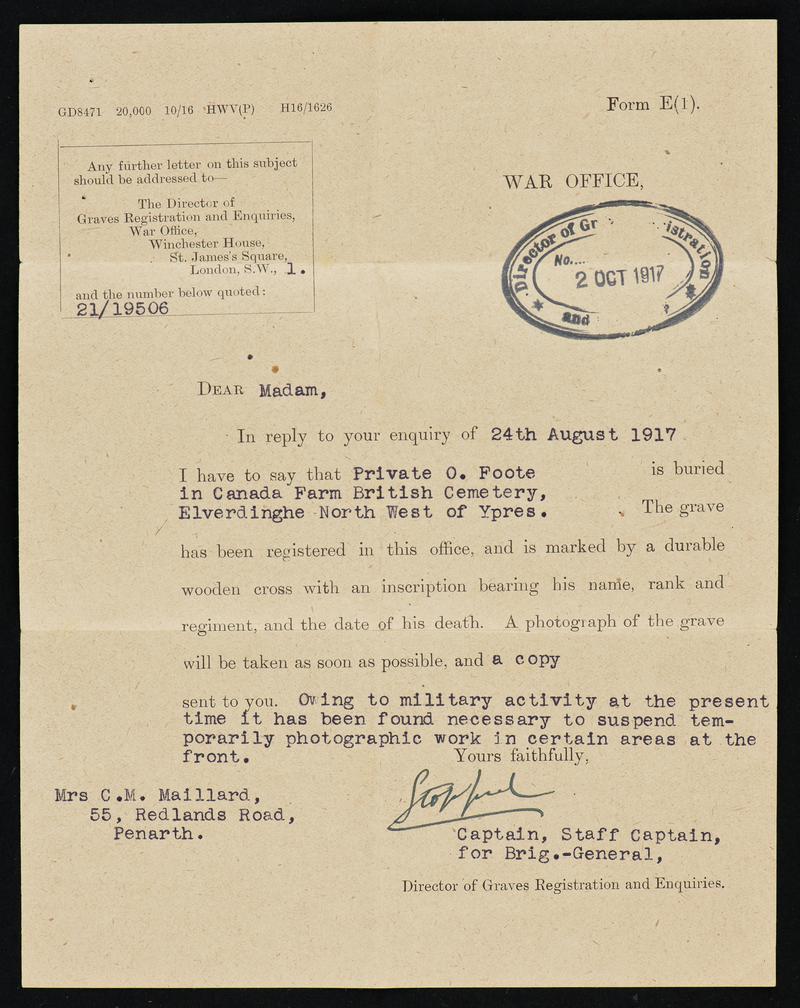 Papers concerning Private Oscar Foote who was killed in action at Poperinghe, Belgium on the 7 July 1917.