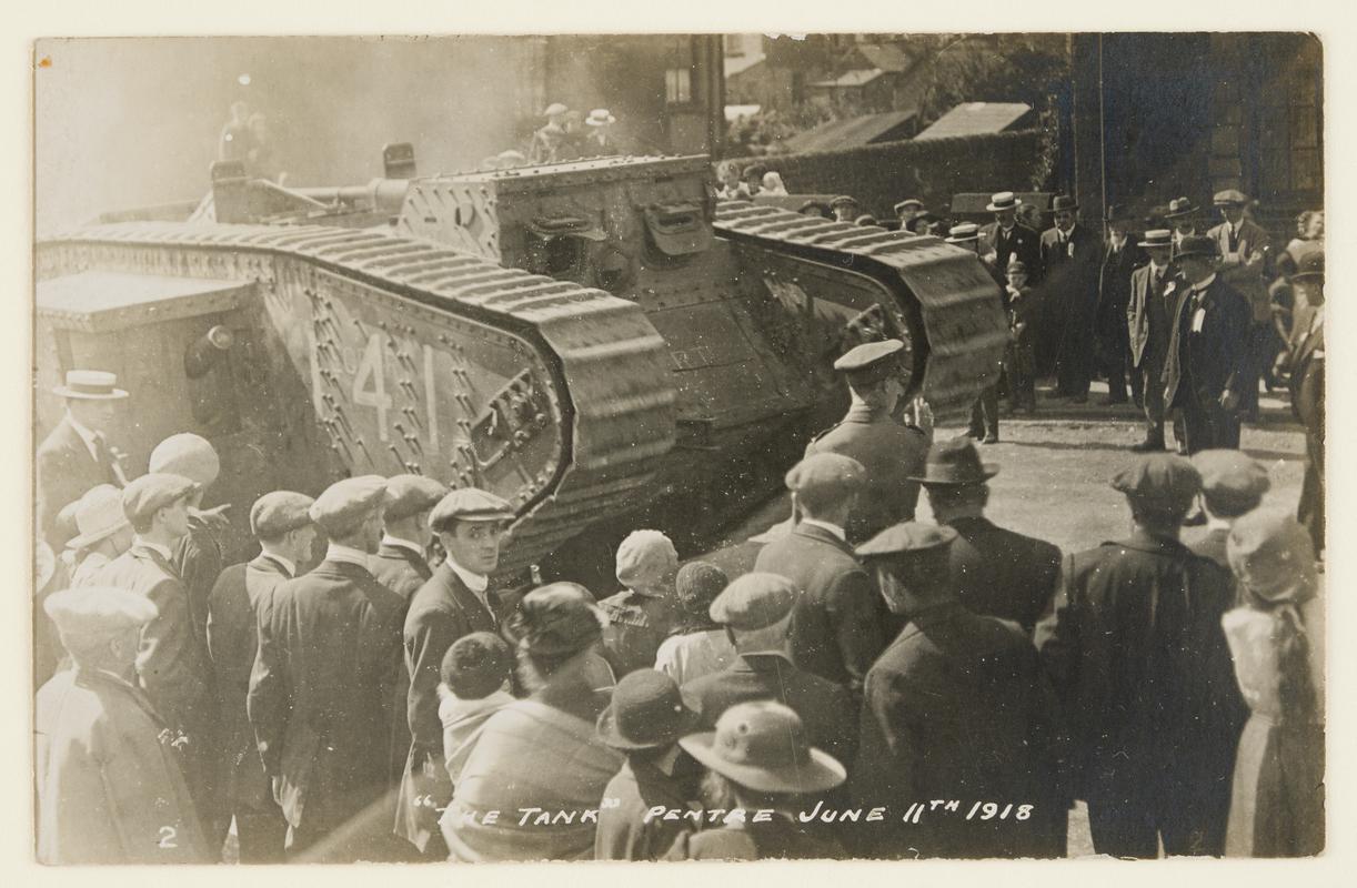 Civilians gathered around 'The Tank', Pentre