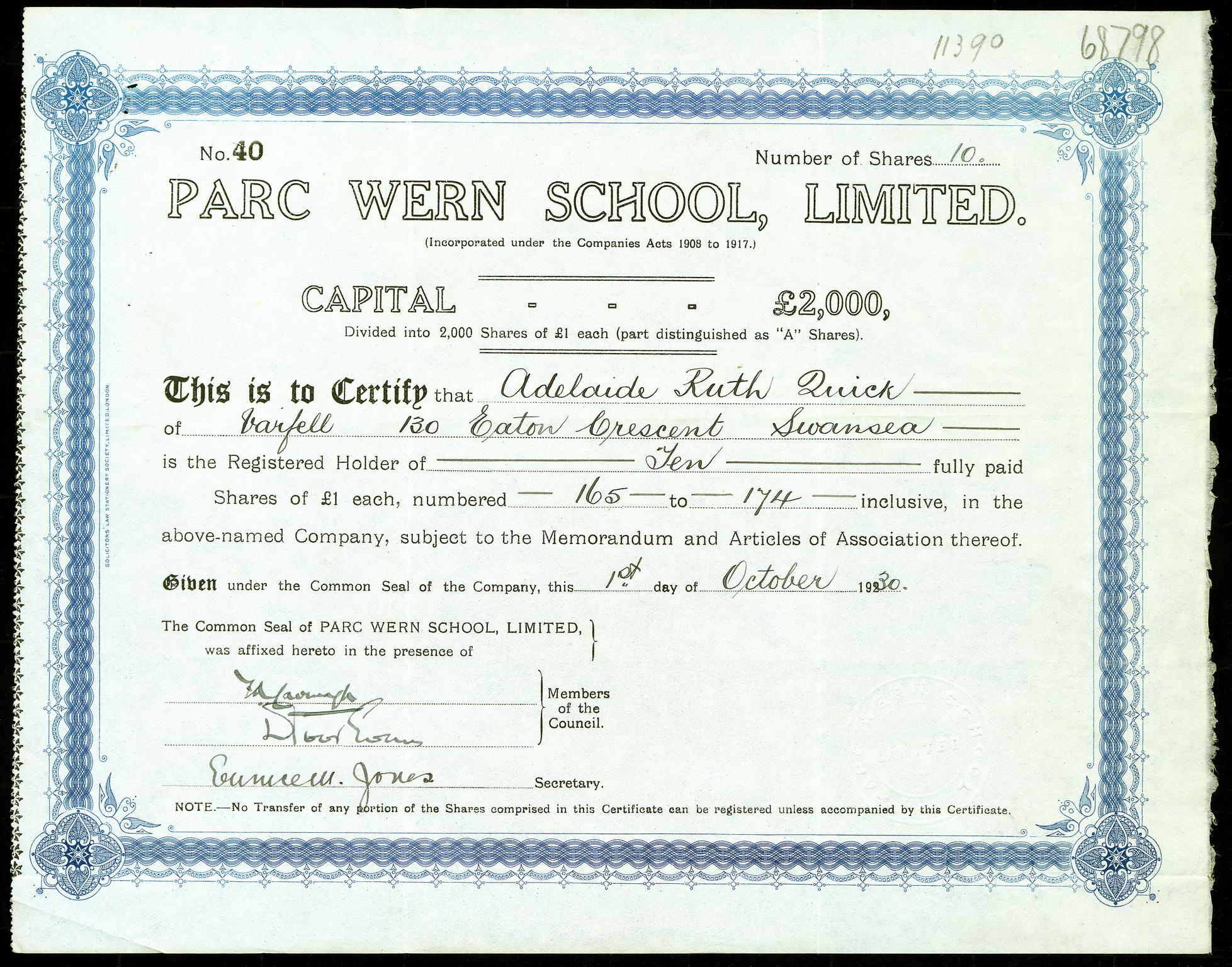 Parc Wern School Ltd., share certificate