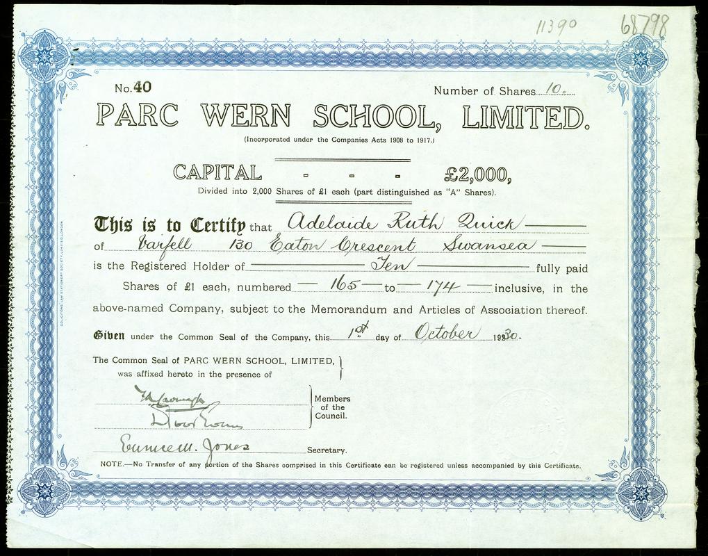 Share Certificate "Park Wern School, Limited"