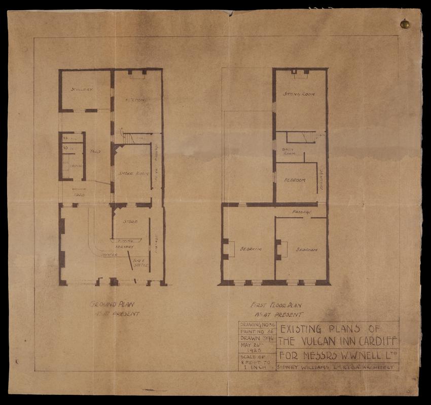 Architectural plan of The Vulcan Hotel labelled 'Existing plans of The Vulcan Inn, Cardiff. For Messrs W.W.Nell Ltd'. Submitted as part of Planning Application, approved July 1925.