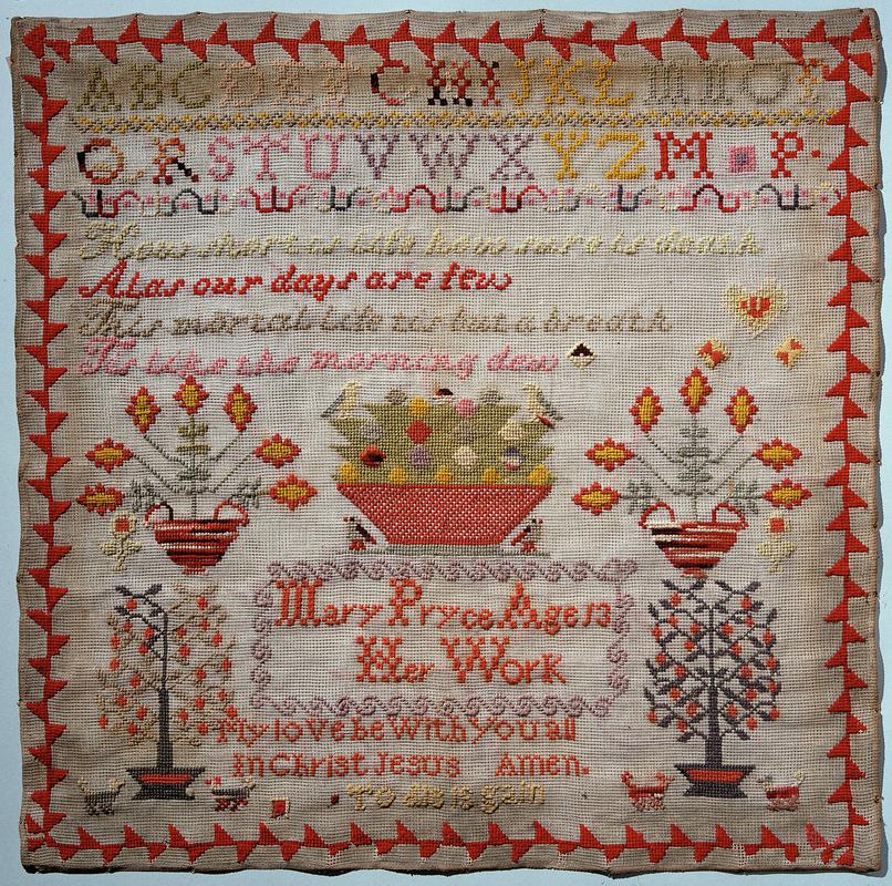 Sampler (motifs, verse & alphabet), made in Radnorshire, c. 1860