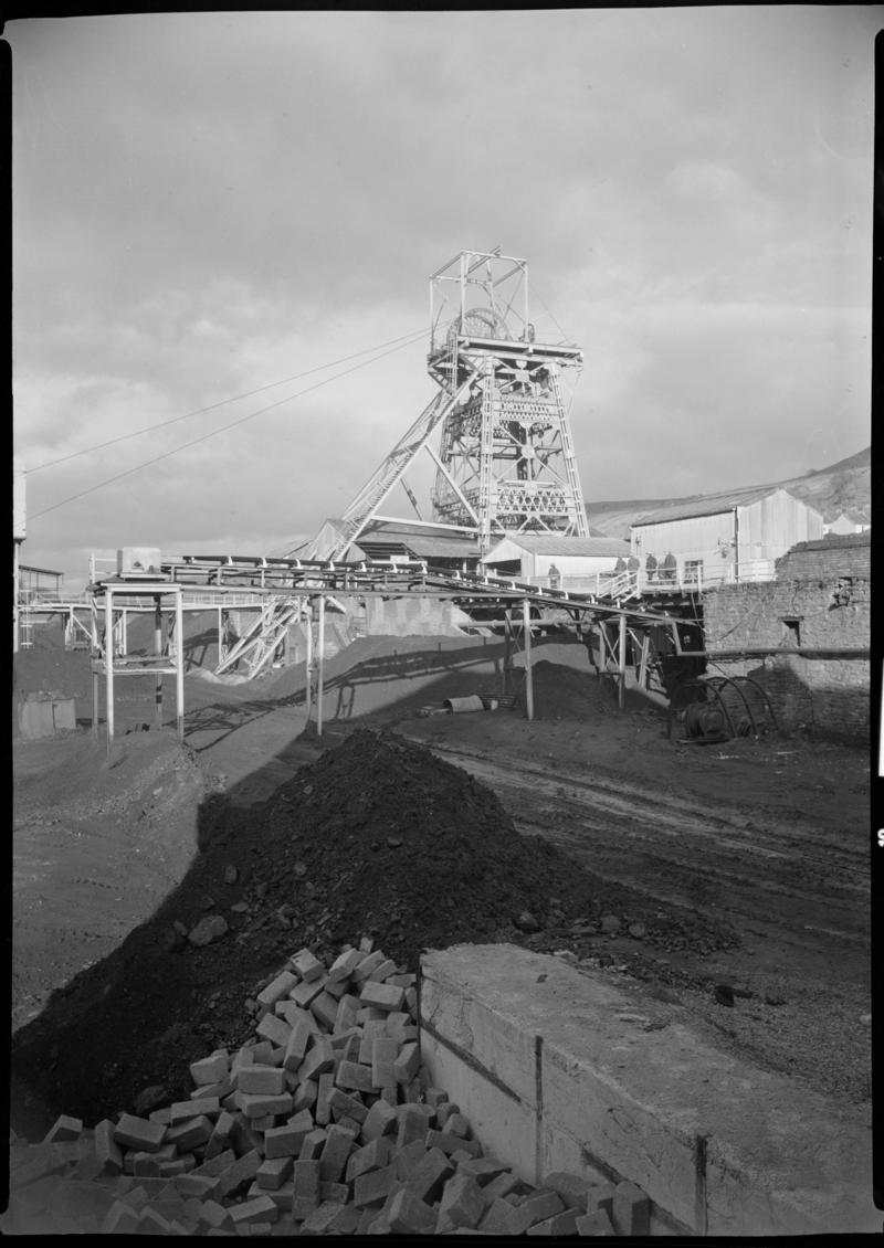 Black and white film negative showing the downcast shaft, Merthyr Vale Colliery 1976.  Appears to be identical to 2009.3/2720.