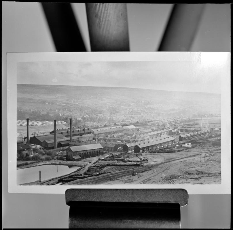 Black and white film negative of a photograph showing a view of Forgeside, Blaenavon in 1951.  'Forgeside in 1951' is transcribed from original negative bag.