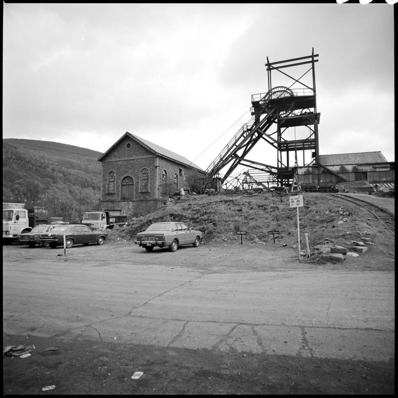 Black and white film negative showing the headframe and engine house, Nixon's Navigation Colliery, 22 April 1980.  'Navigation 22/4/80' is transcribed from original negative bag.