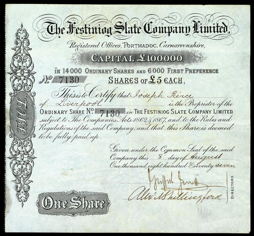 Share Certificate "The Festiniog Slate Company Limited"