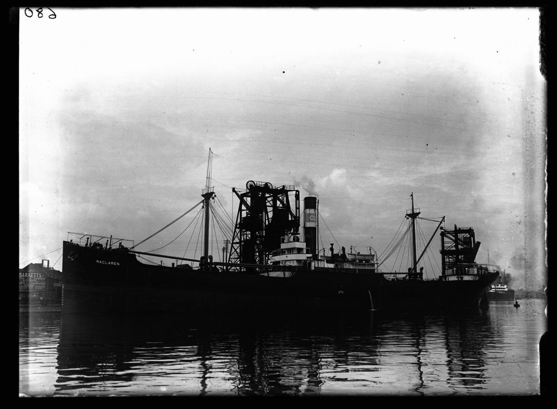 Port broadside view of S.S. FIRBY at Cardiff Docks, c.1936