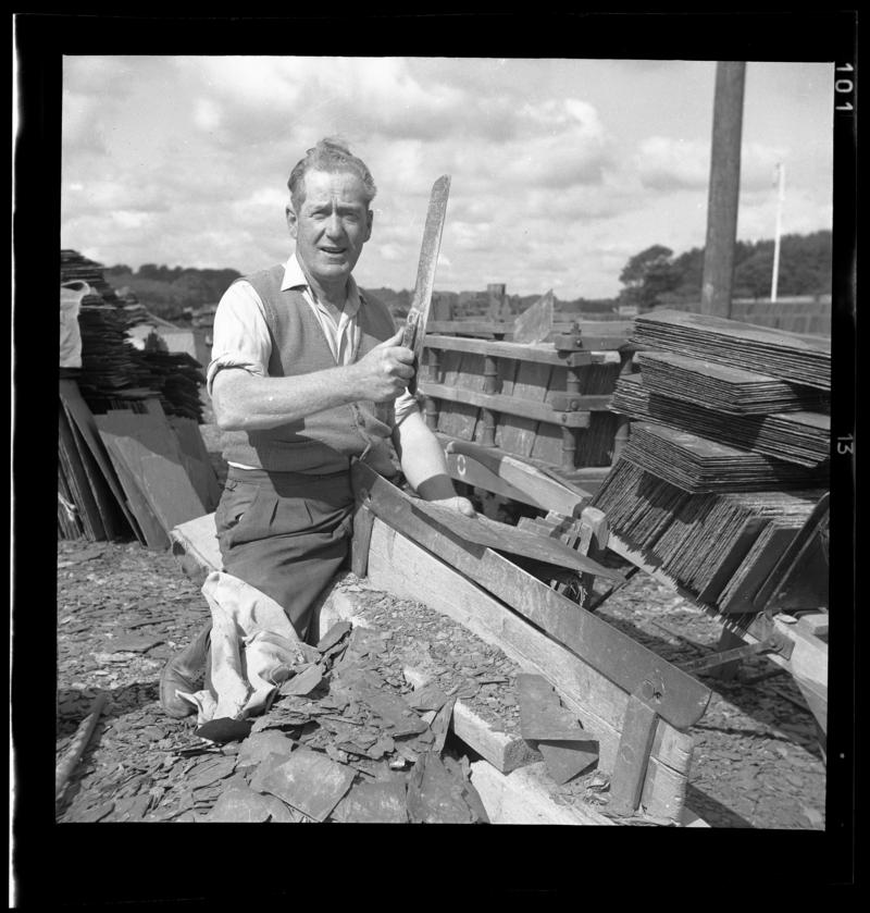 Quarrymen splitting slate (possibly at Port Dinorwic), 1958-60.
