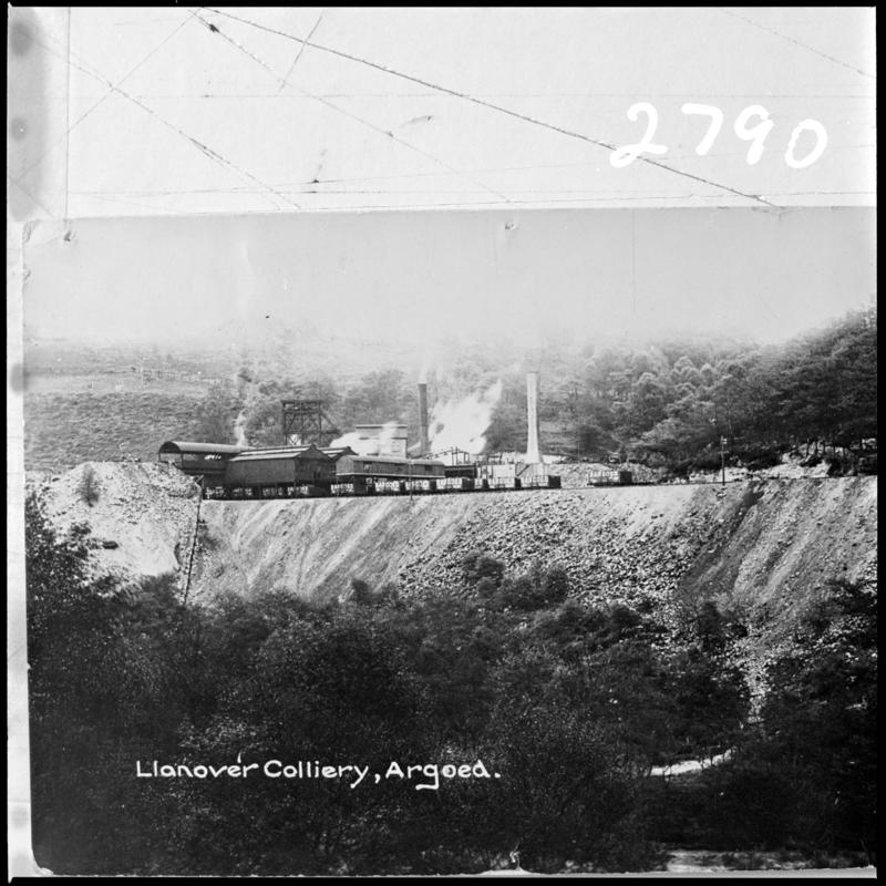 Black and white film negative of a photograph showing a surface view of Llanover Colliery, Argoed.  'Llanover' is transcribed from original negative bag.