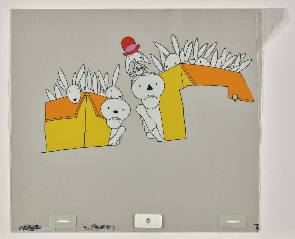 Funny Bones overlay animation production artwork from episode 'The Pet Shop' showing the characters Big, Little and rabbits. Four sheets of cellulose acetate.
