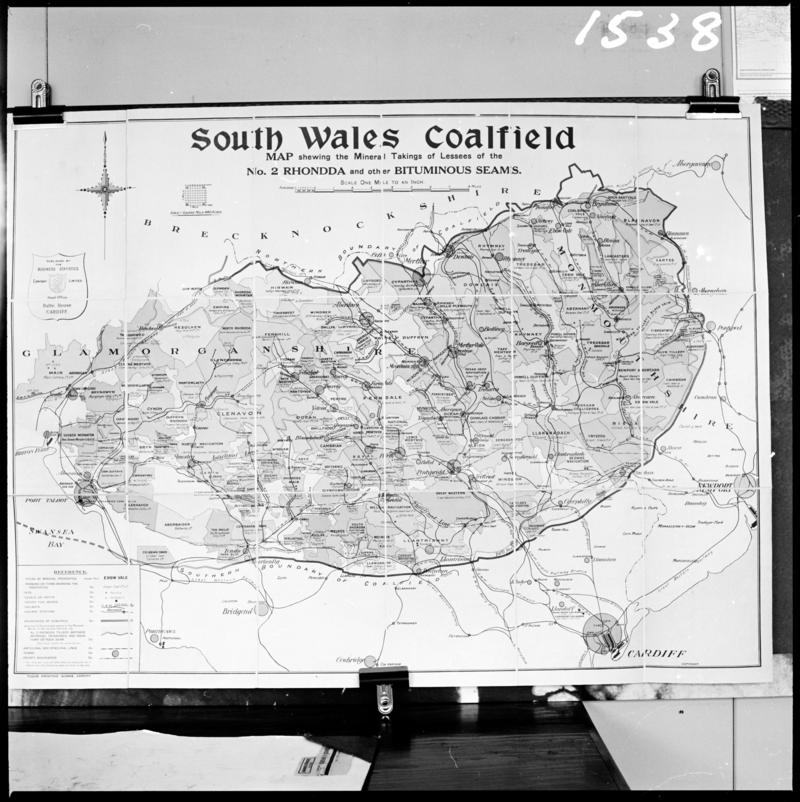 Black and white film negative of a 'South Wales Coalfield Map showing the mineral takings of lessees of the No. 2 Rhondda and other bituminous seams'.