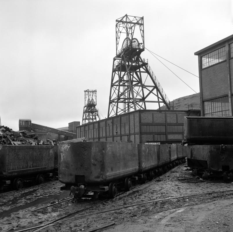 Empty mine cars waiting at pit top, Maerdy Colliery