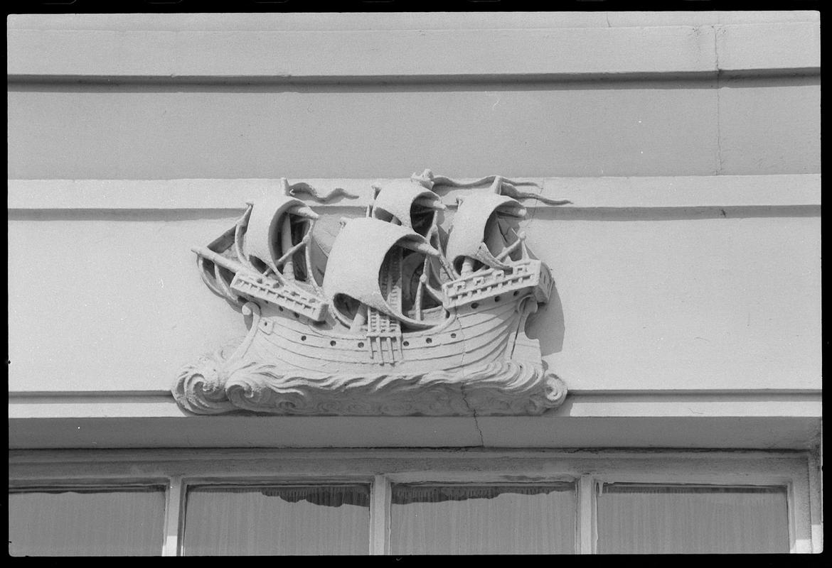 Ship frieze (depicted in stone), on Ocean Buildings, Butetown.