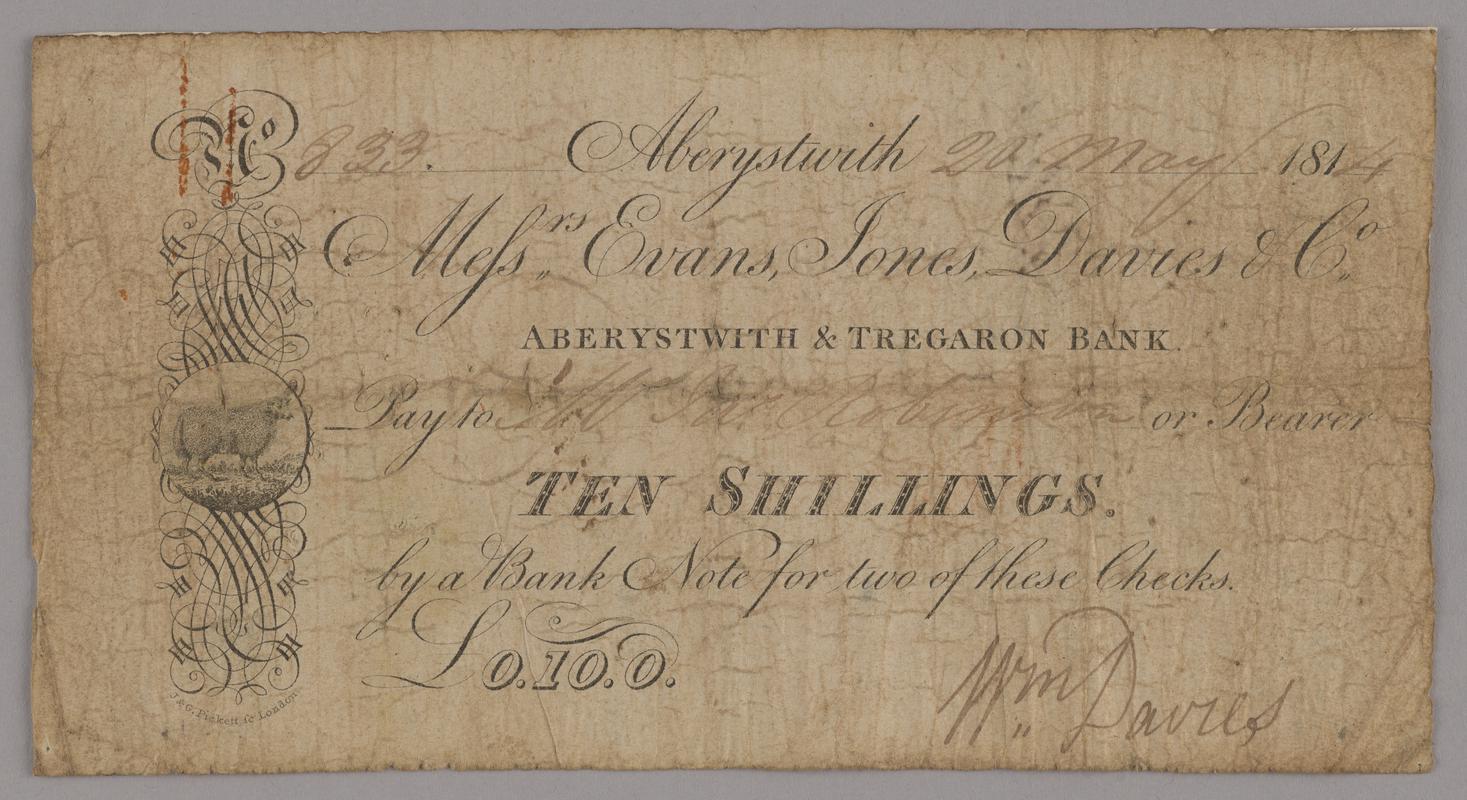 Aberystwith & Tregaron Bank ten shillings bank note, 1814