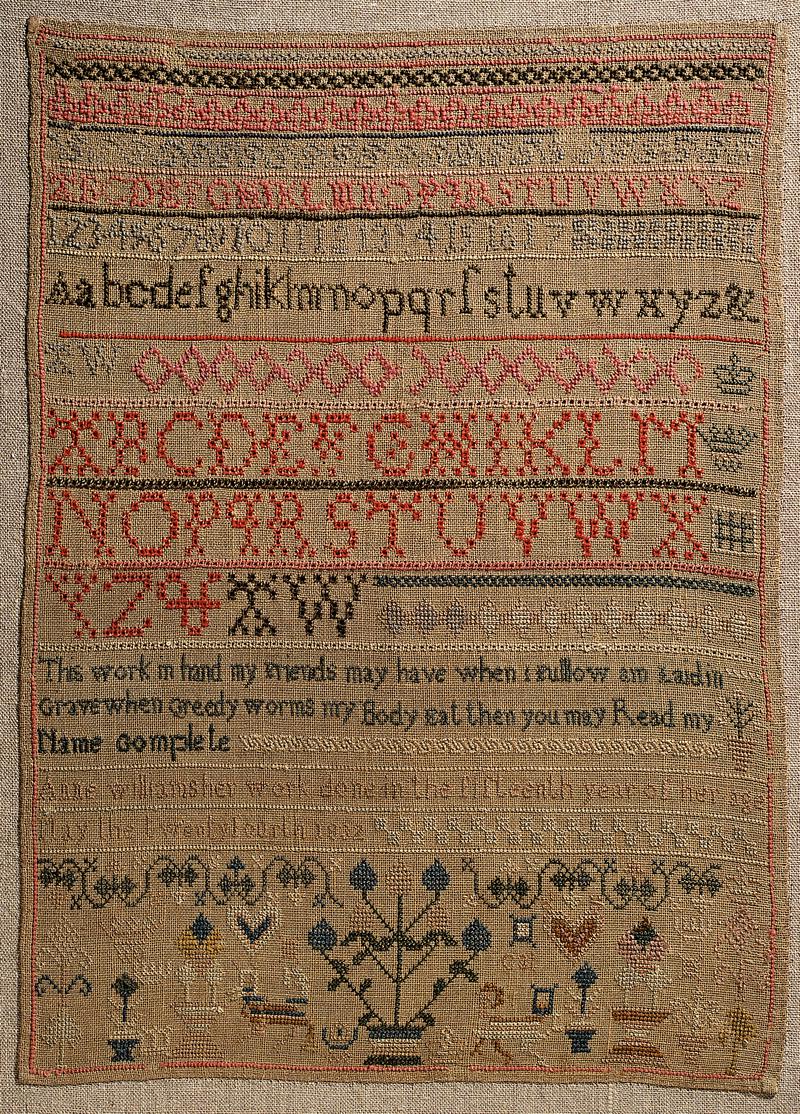 Sampler (alphabet, verse & motifs), made in Llwynhendy, 1832
