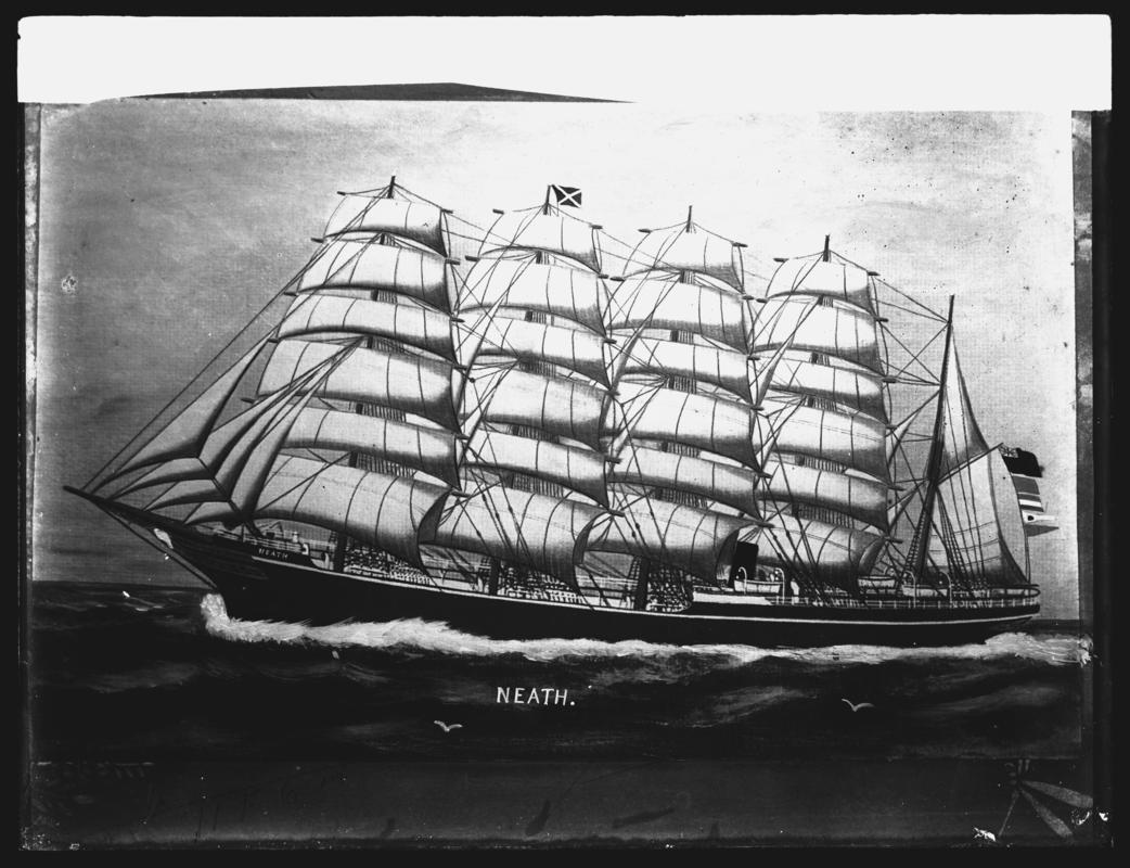 Photograph of a painting showing a port broadside view of the five-masted barque NEATH.  Also equipped with an auxiliary steam engine.  Title of painting - NEATH.