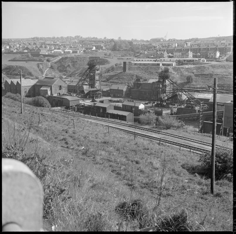 Black and white film negative showing a surface view of Bargoed Colliery 20 May 1977.  'Bargoed-Glam 20 May 1977' is transcribed from original negative bag.