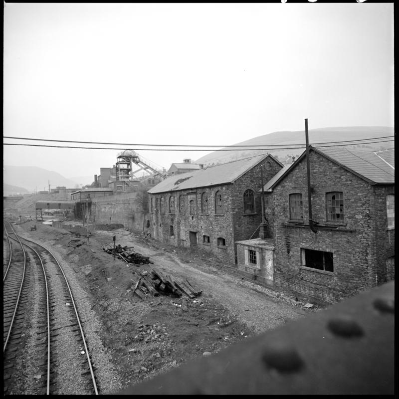 Black and white film negative showing a surface view of Ffaldau Colliery, 15 April 1980.  'Ffaldau 15/4/80' is transcribed from original negative bag.