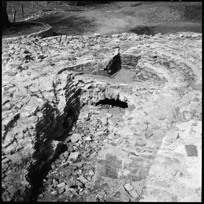 Black and white film negative showing the remains of Scott's Pit, Llansamlet. 'Scotts Pit' is transcribed from original negative bag.