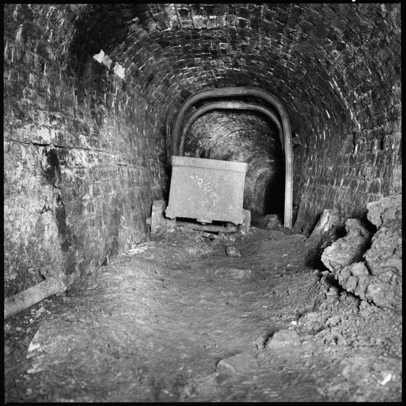 Black and white film negative showing a dram near the bottom of the Forge Pit?, Blaenavon.