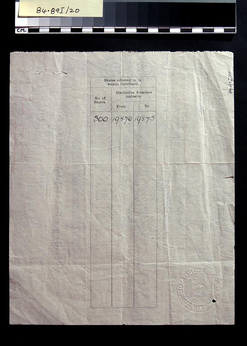 Meiros Collieries Limited, share certificate