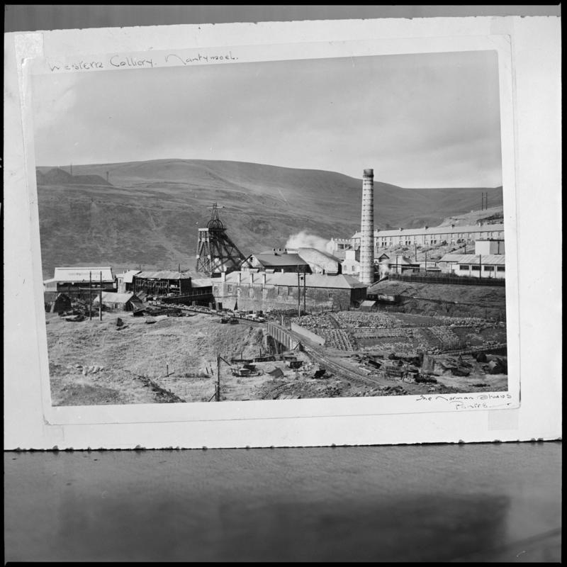 Black and white film negative of a photograph showing a surface view of Western Colliery c.1920. 'Western Colliery c.1920' is transcribed from original negative bag.
