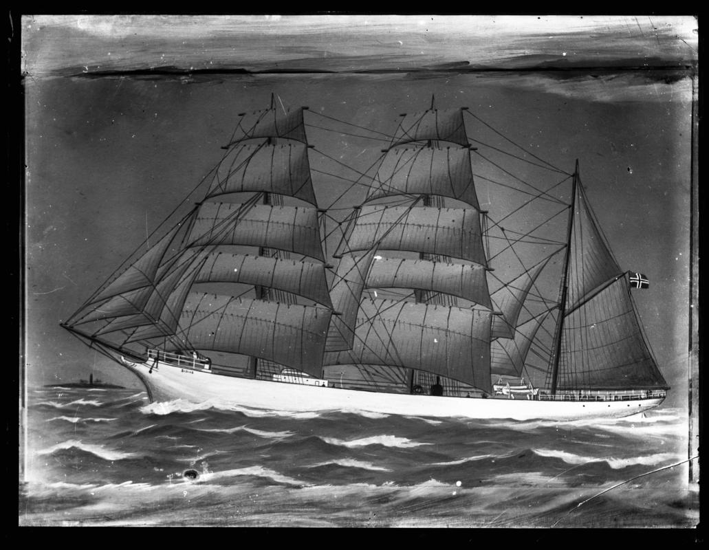 Photograph of a painting showing a port broadside view of the three-masted barque SIRIUS.



Broken glass negative.