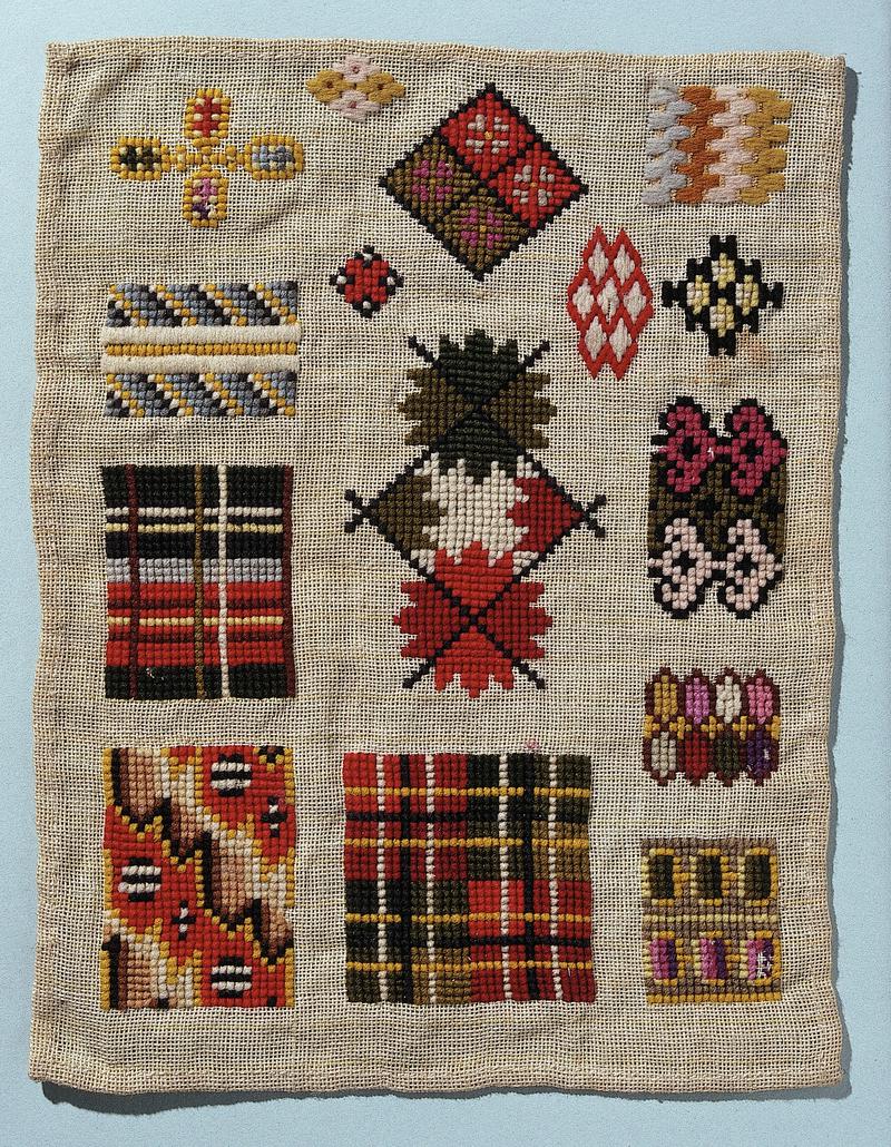 Sampler (woolwork motifs), made in Cardiff, c. 1860