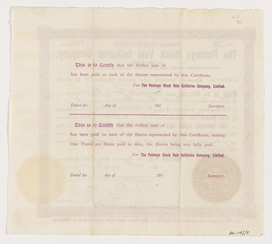 Pentwyn Black Vein Collieries Co. Ltd, share cert.