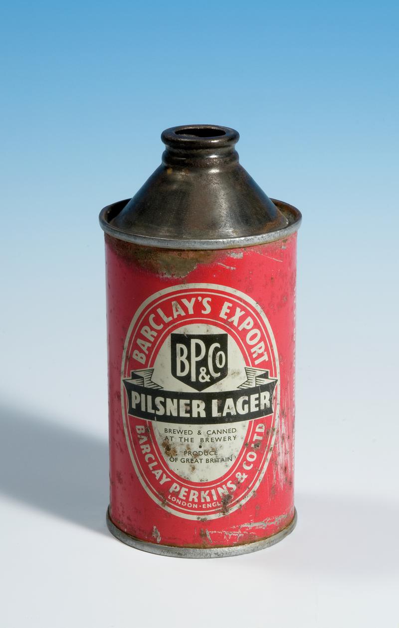 Barclay's Export Pilsner Lager cone-top tinplate beer can made by Metal Box Company Ltd., of Neath (front)
