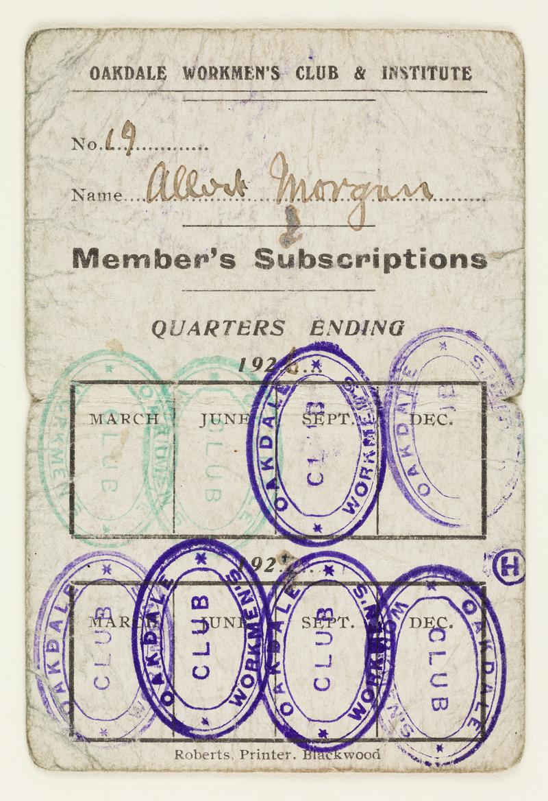 Oakdale Workmen's Club and Institute Member's Subscriptions Card No. '19', issued to Albert Morgan, 1926/27.
