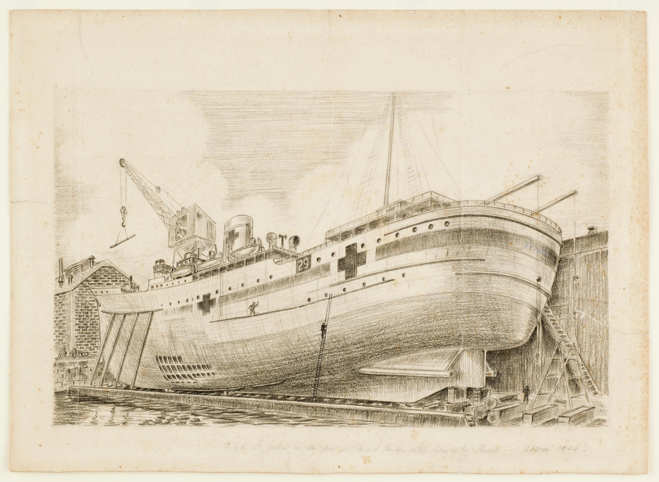 T.S.S. ST JULIEN in Dry Dock at Penarth Pontoon (drawing)