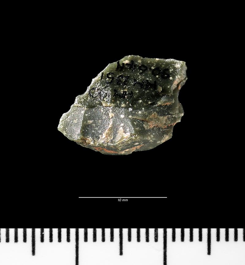 Early Upper Palaeolithic stone flake from Hoyle's Mouth Cave. Dorsal surface.