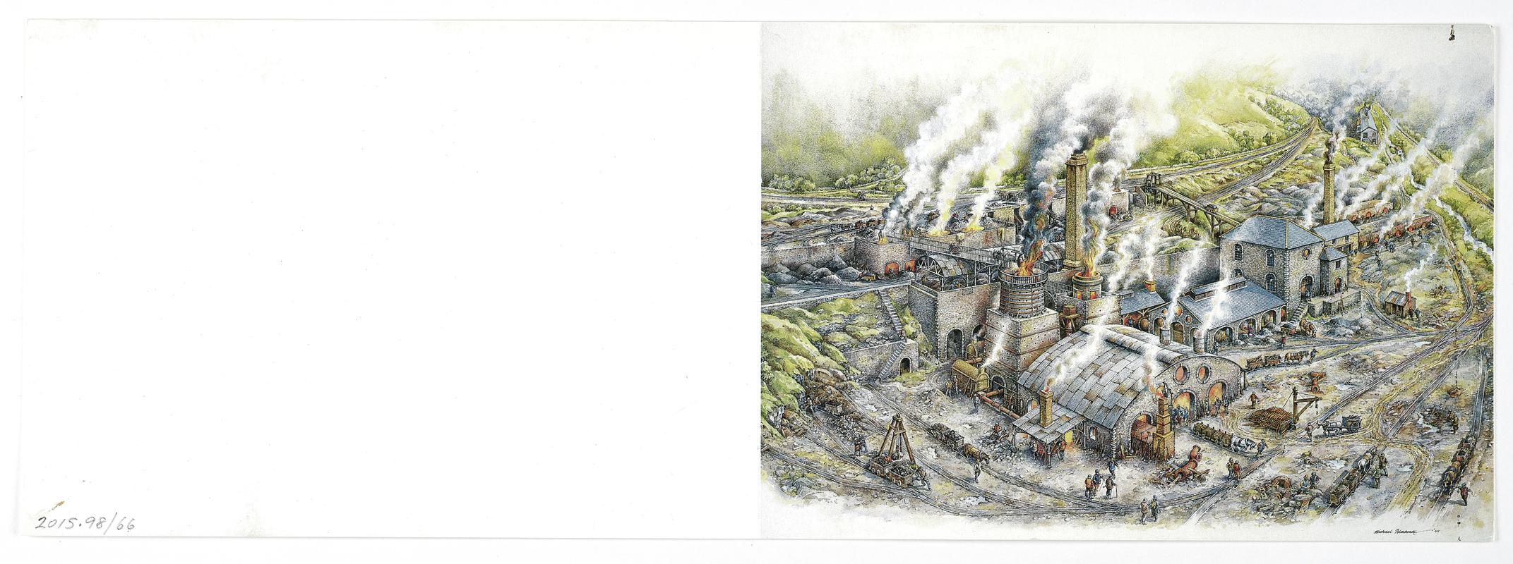 John Van Laun Associates card printed with colour print of Killgetty ironworks, with a key and small print of Goytre Wharf lime kilns printed on other side.