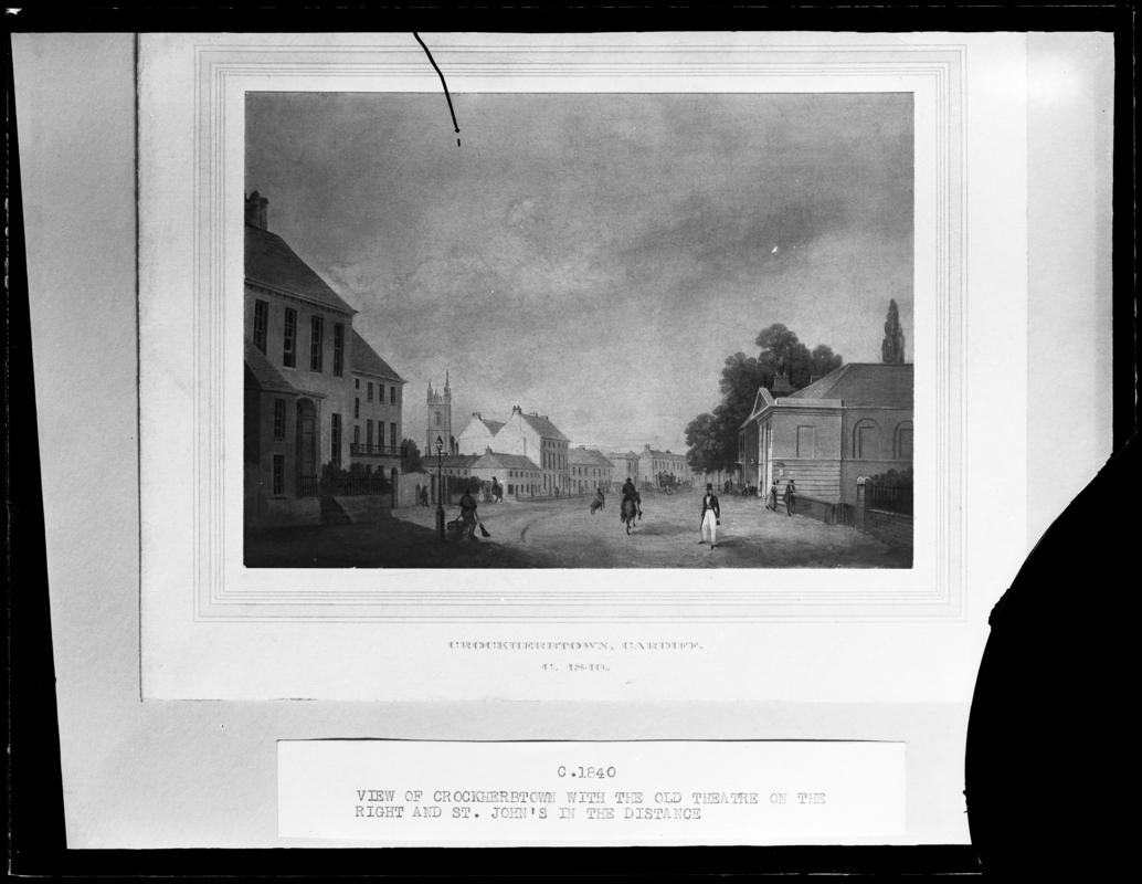 Positive Inversion of a Negative of a print titled 'Crockherbtown, Cardiff, c.1840' and labelled 'c.1840. View of Crockerbtown with the Old Theatre on the Right and St. John's in the Distance'.