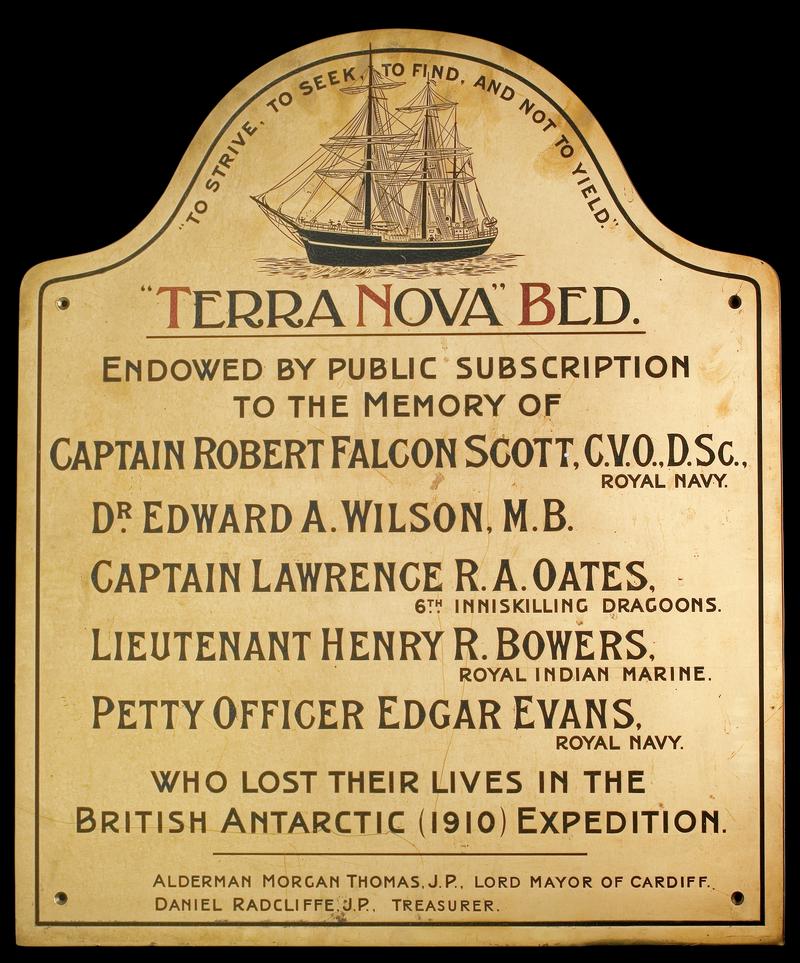 Brass bed plaque from the TERRA NOVA bed of the Royal Hamadryad Hospital, Cardiff