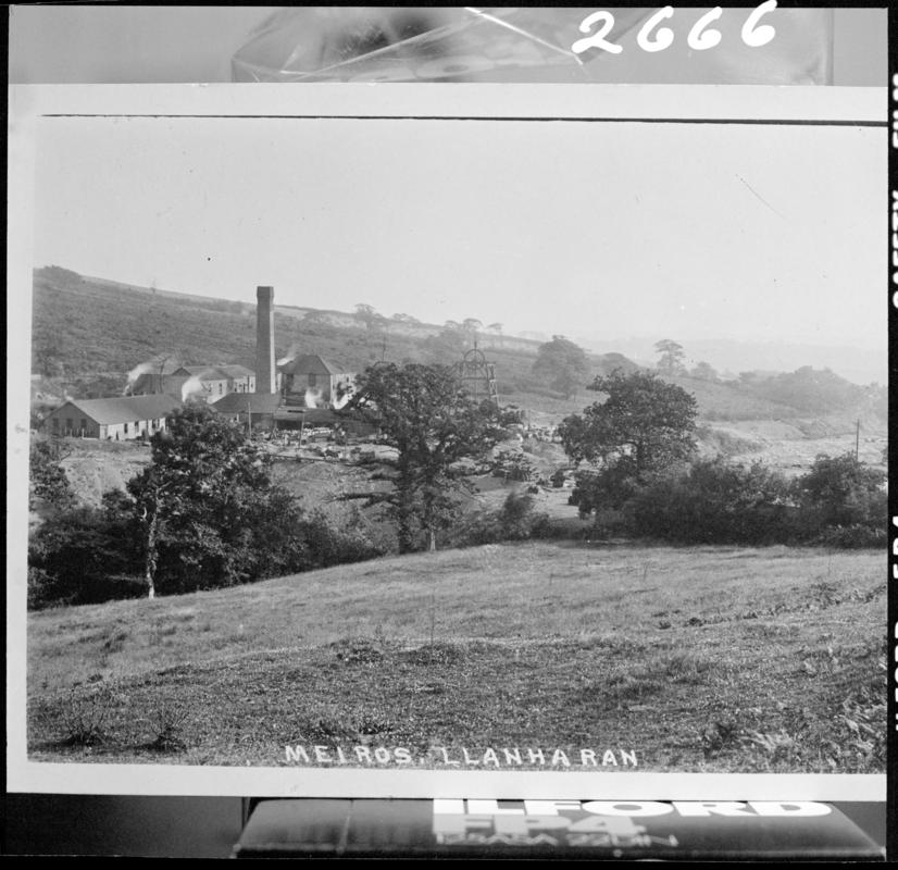Black and white film negative of a photograph showing a surface view of Meiros Colliery, Llanharan.  'Meiros Colliery' is transcribed from original negative bag.