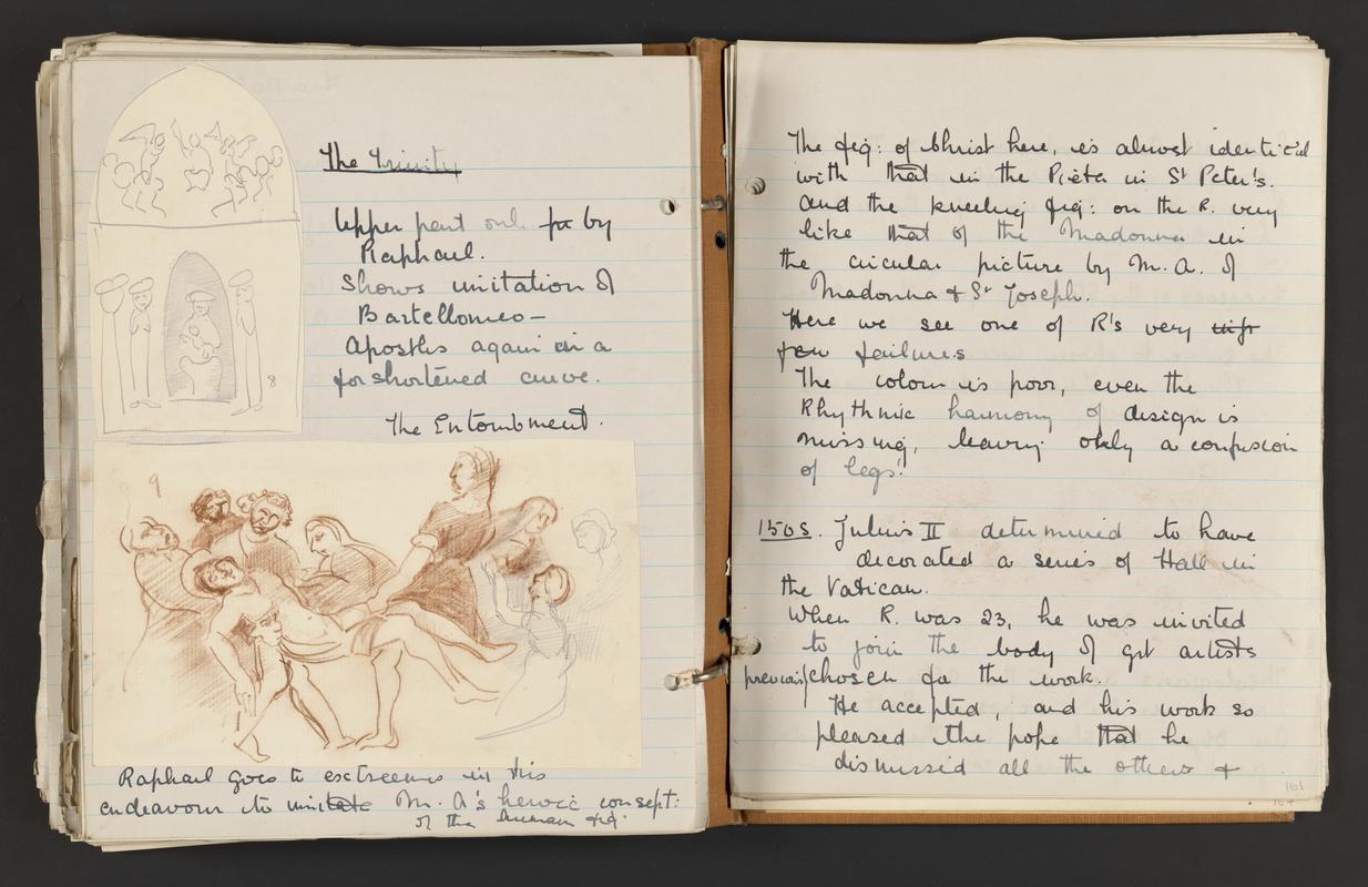 Sketchbook: art history notes from Slade with cartoonish drawings