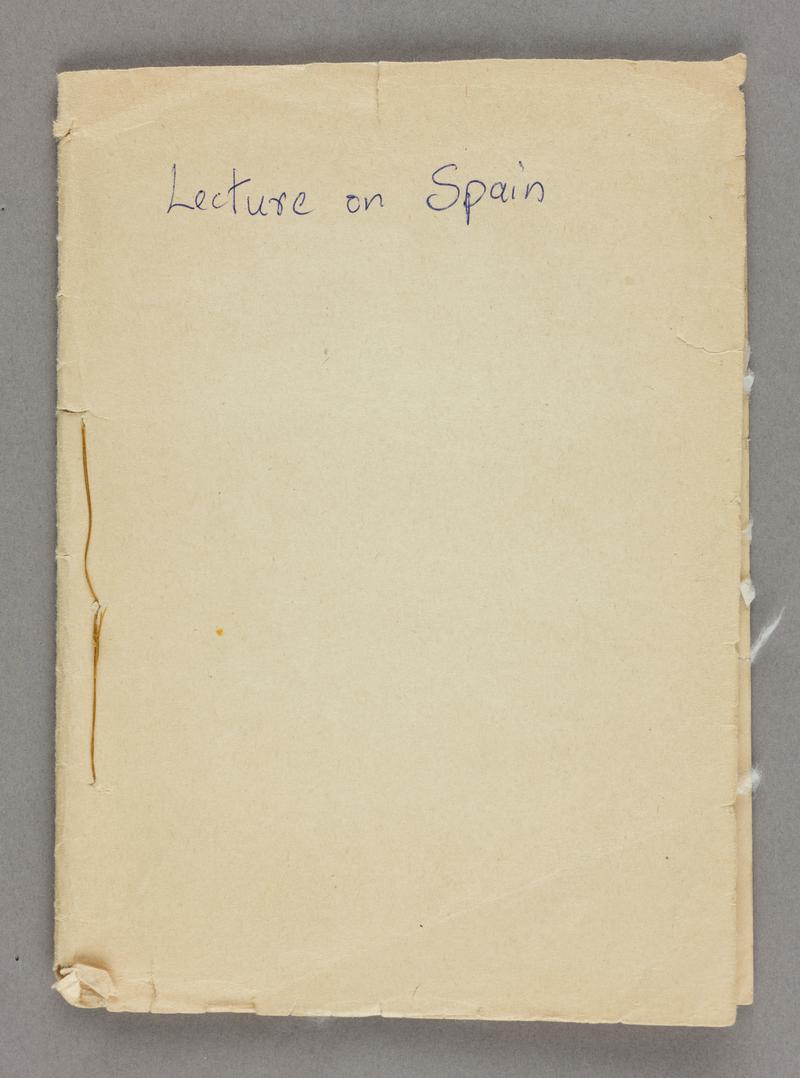 Lecture on Spain' - Edwin Greenings handwritten lecture notes. 60 pages in cardboard cover bound with thread, c.1978. Cover