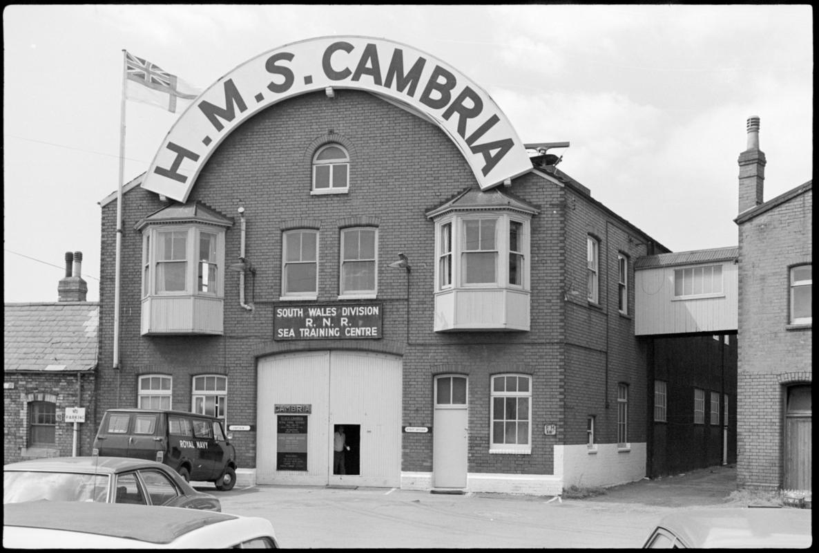 Exterior view of HMS Cambria Royal Navy Reserve training centre, Cardiff Docks.