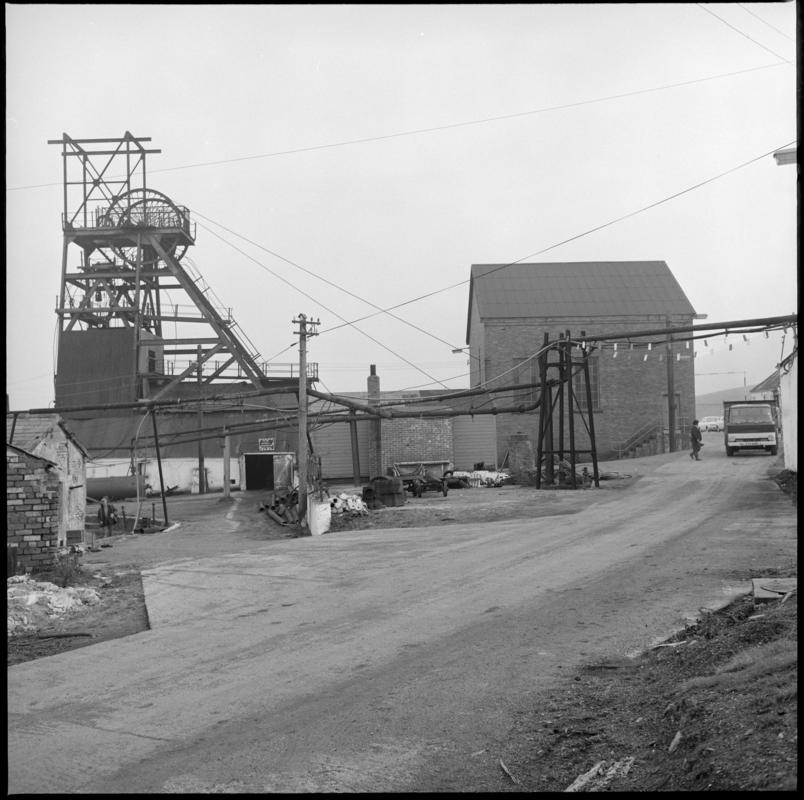 Black and white film negative showing the headgear and engine house, Big Pit Colliery.  'Big Pit Blaenavon' is transcribed from original negative bag.