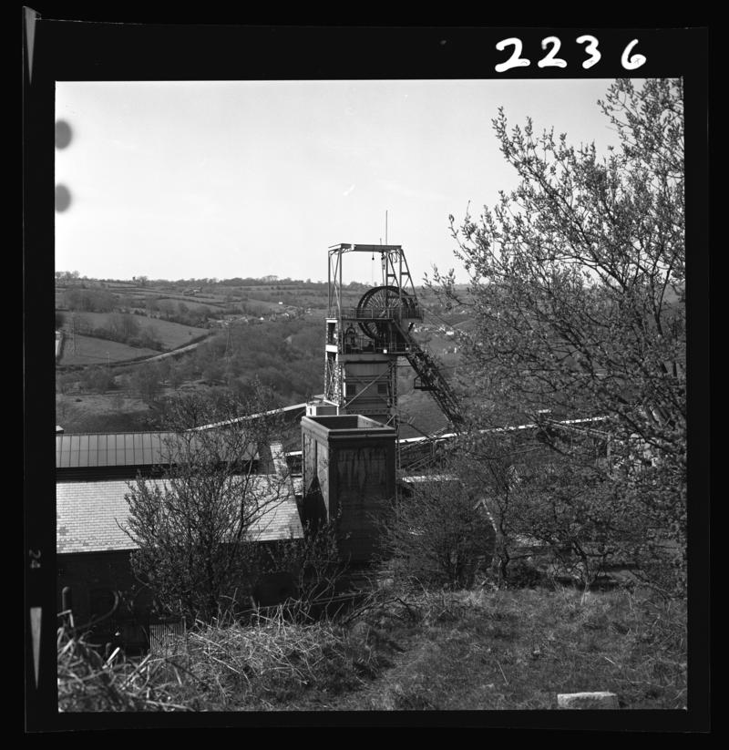 Black and white film negative showing the upcast shaft, Oakdale Colliery 16 April 1981.  'Oakdale 16 Apr 1981' is transcribed from original negative bag.