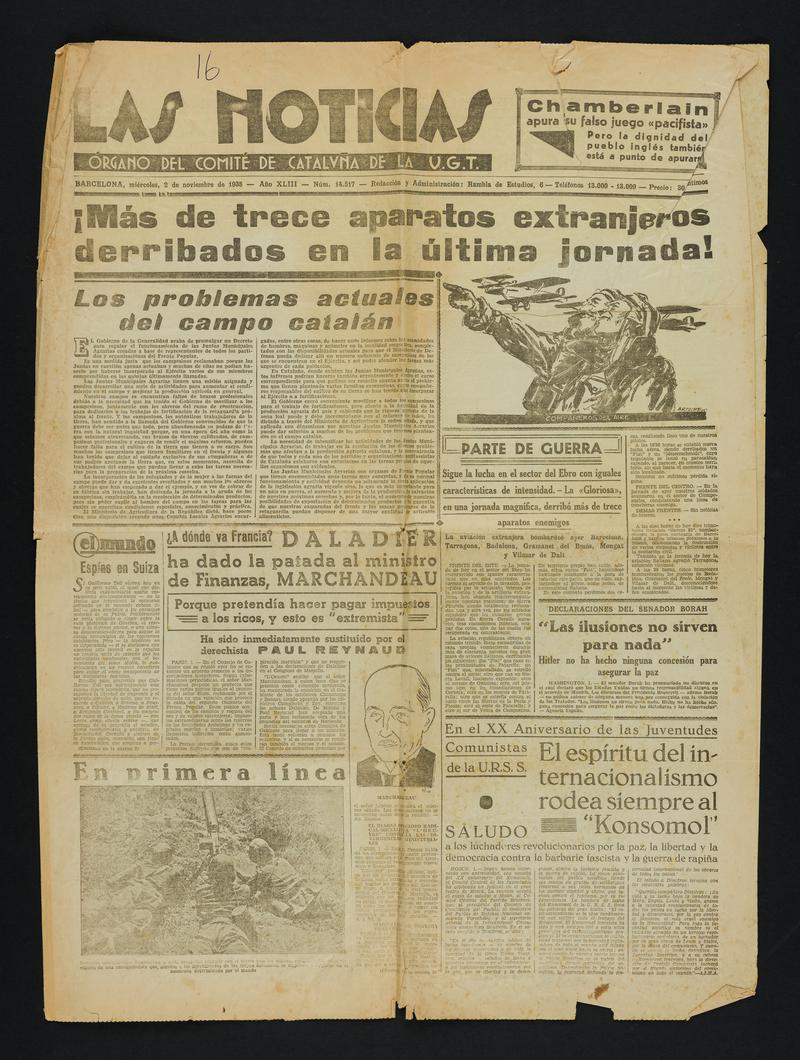 Four page newspaper "La Noticias" Dated 2 November 1938. Front page