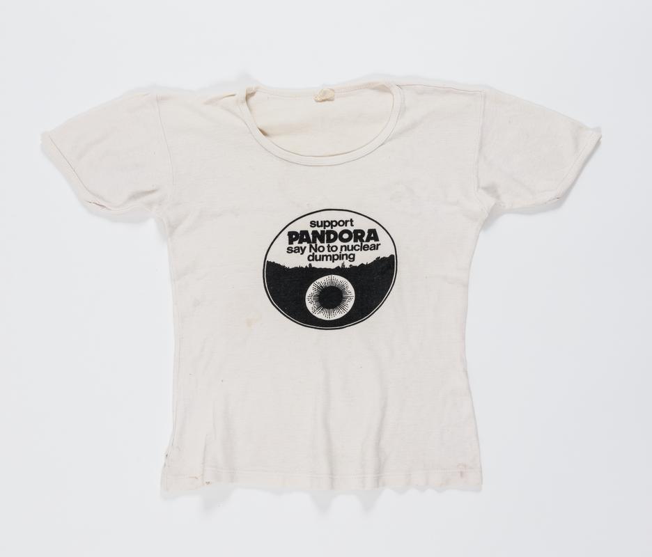 White t-shirt with logo and inscription on front: 'support Pandora say No to nuclear dumping'. Worn by Thalia Campbell, late 1970s.